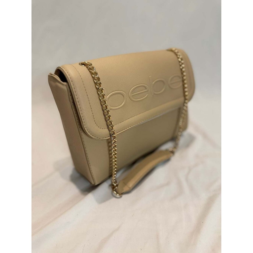 Bebe Beige Saffiano Faux Leather Crossbody Bag Gold Chain Strap Logo Flap